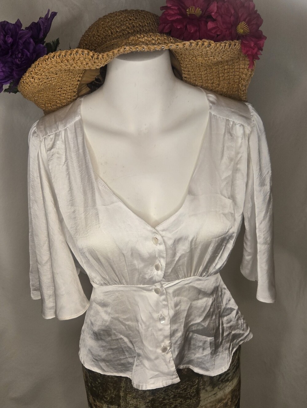 Y2K Ethereal Ivory Silky Blouse Cottagecore Coquette Fairycore Size S